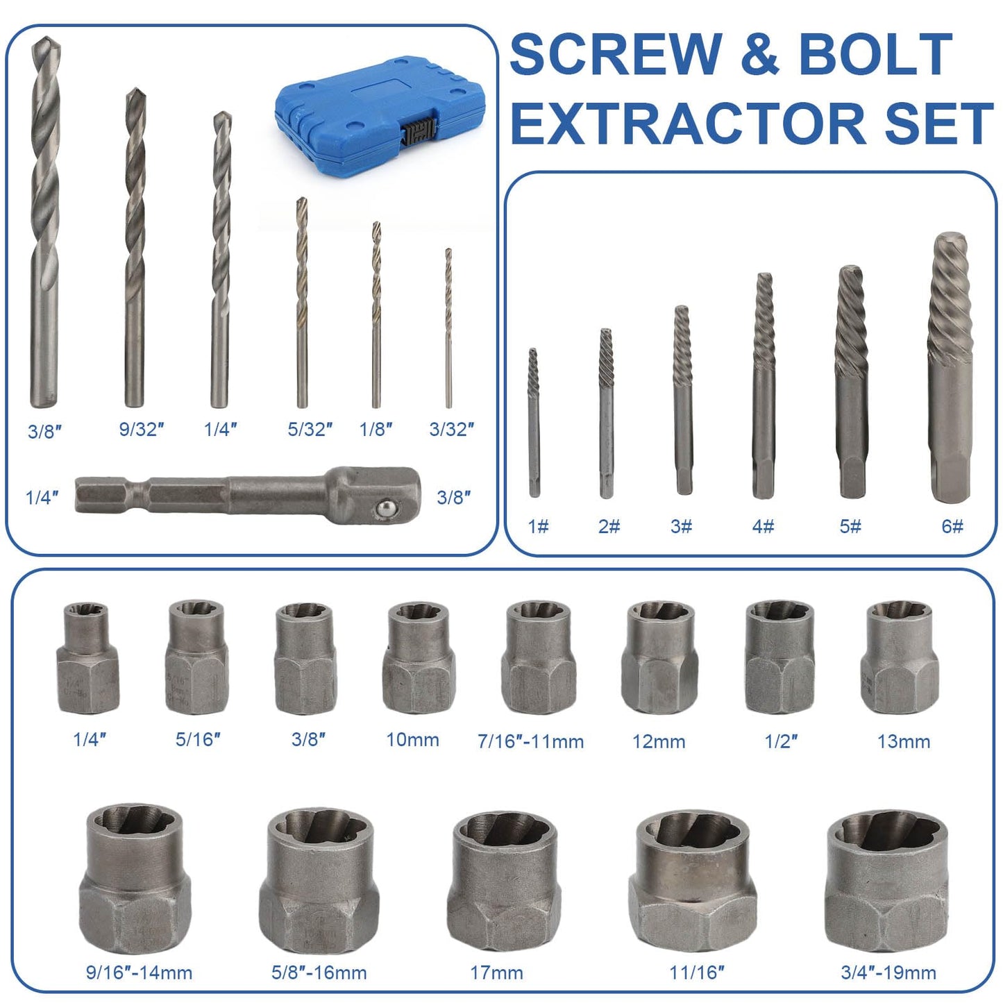 26Pcs Bolt Extractor Set & Drill Bit Kit, Screw Extractor for Spiral Screws, Easy Out Extractor Set, Multi-Spline Screw Extractors Nut Remover for Removing Damaged, Frozen, Rusted Nuts Screws Bolts