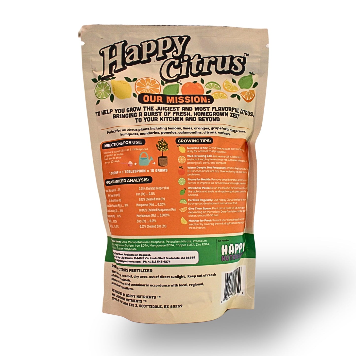 Citrus Fertilizer by Happy Nutrients - High Nitrogen Fruit Tree & Plant Fertilizer with Iron - Nutrient Support for Juicy, Flavorful Citrus - 1.5 lbs for Indoor/Outdoor Fruit Plants