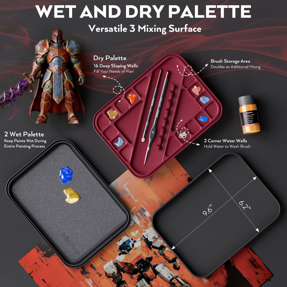 Nicpro Professional Miniature Painting Acrylic Kit, Stay Wet Palette & 16PCS Detail Paint Brushes Drybrush with Nylon Bag, Pallet Paper, 4PCS Sponge, Mixing Paint Saver Palette for by Number Models
