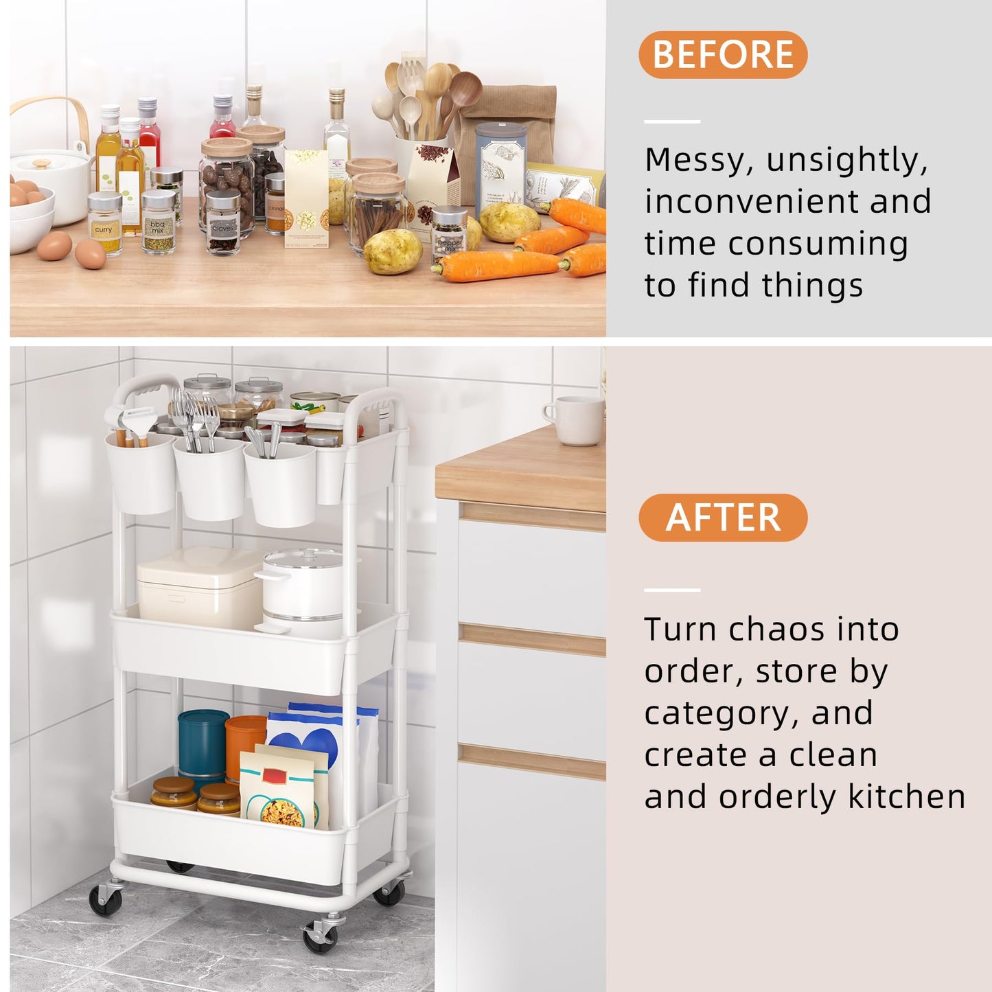 JIUYOTREE 3-Tier Plastic Rolling Storage Cart Utility Cart with Extra Hanging Cups Handles Lockable Wheels for Living Room Bathroom Kitchen Office White