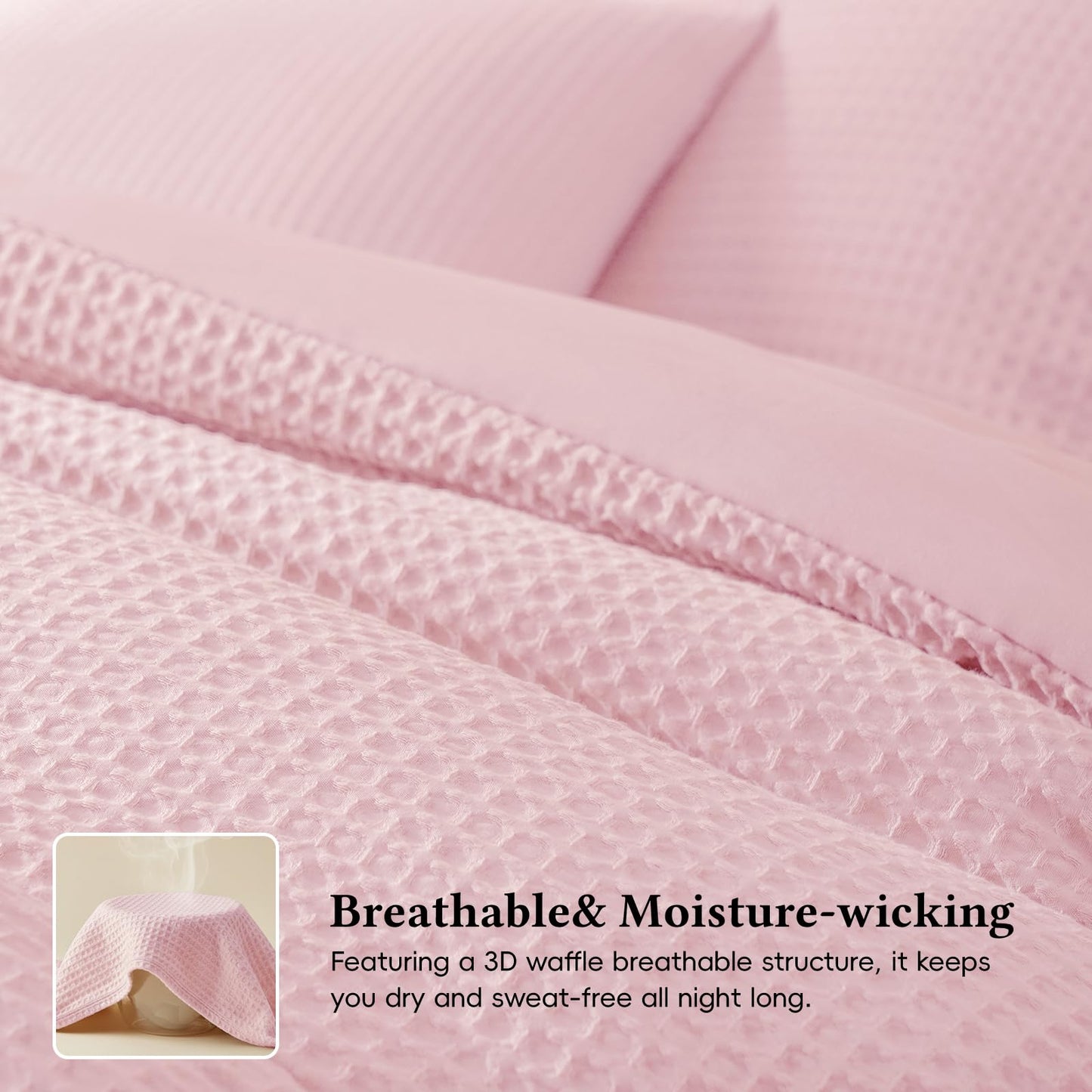 David's Home Waffle Weave Comforter Set 3PCS King Size, Soft Breathable Lightweight Warm for All Season, Elegant Aesthetic Home Decor Bedding Set Collection, 1 Comforter with 2 Pillow Shams, Pink