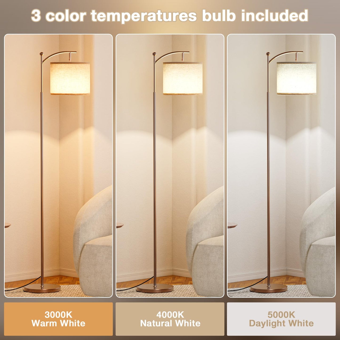 Ambimall 60" Floor Lamp with 3 Color Temperatures LED Bulb, Rotating Lamp Head, Foot Switch, Easy to Install, 9W Bulb Included, Modern Floor Lamp for Living Room, Bedroom, Study Room, Nursery (Brown)