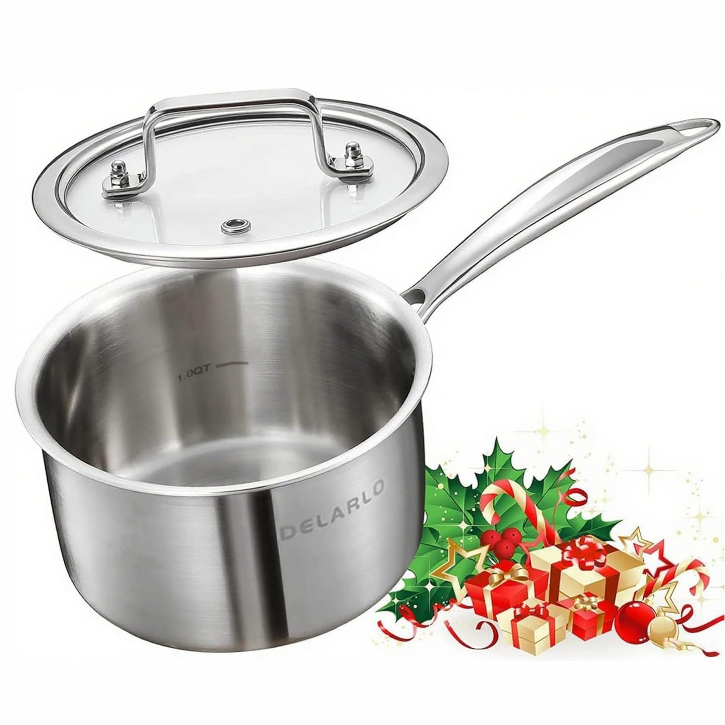 DELARLO Full-Body Clad Tri-Ply Stainless Steel Small Brushed Saucepan with Lid, Induction Cooking Sauce Pot Pan, Heavy Duty Saucier Cookware, PFOA&PTFE Free(2 Quart)