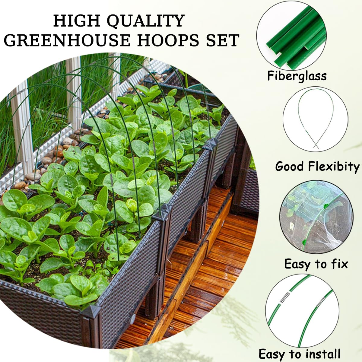 60Pcs Greenhouse Hoops for Raised Beds,8ft Greenhouse Hoops,Grow Tunnel,10 Sets Garden Hoops Rustproof Plastic Coated Steel Support Frame Hoops for Raised Beds, Garden Tunnel Row Cover Hoops Kit