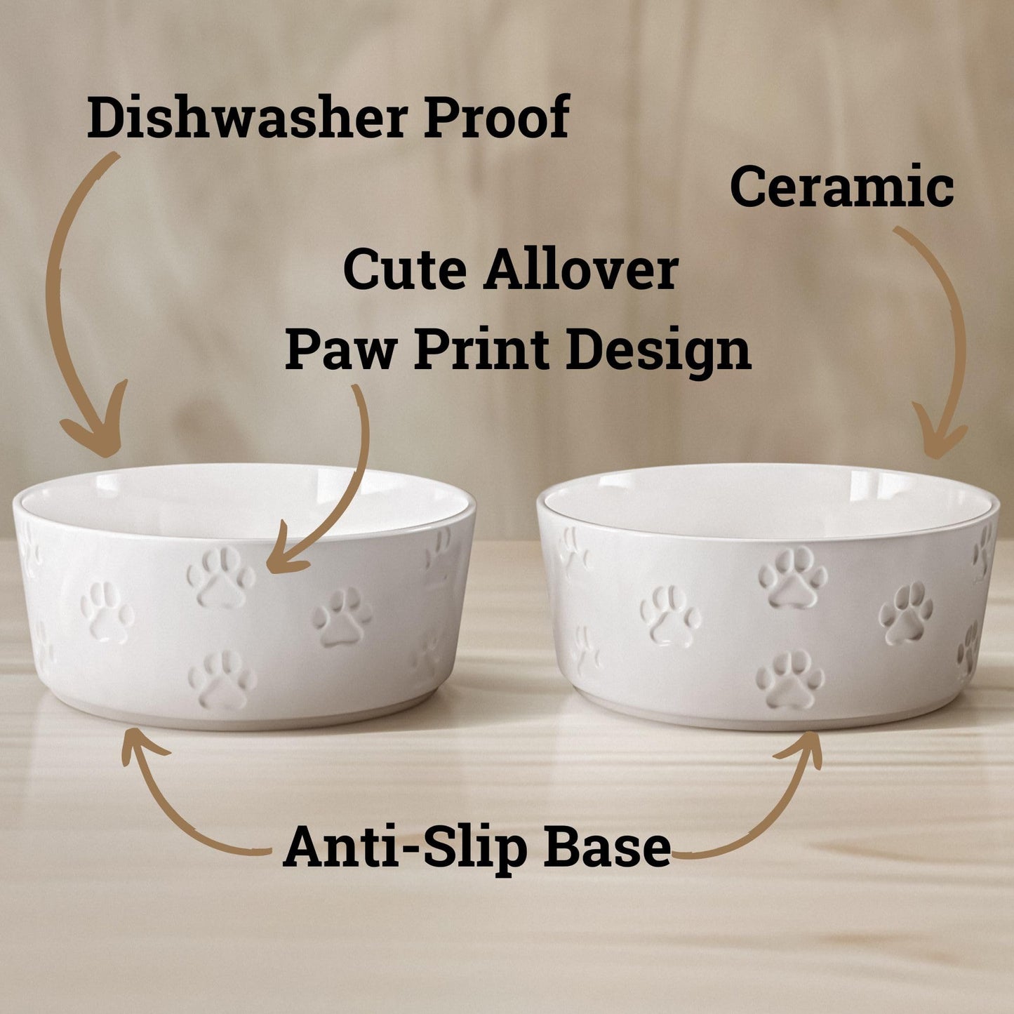 Ceramic Dog Bowl Set of 2 with Anti-Skid Base - 7.5" Wide x 3" Tall Ceramic Dog Bowls for Large Dogs - 6 Cup Capacity Food and Water Bowls for Dogs - Rubber Bottom Pet Bowl Set of 2 for Large Pets