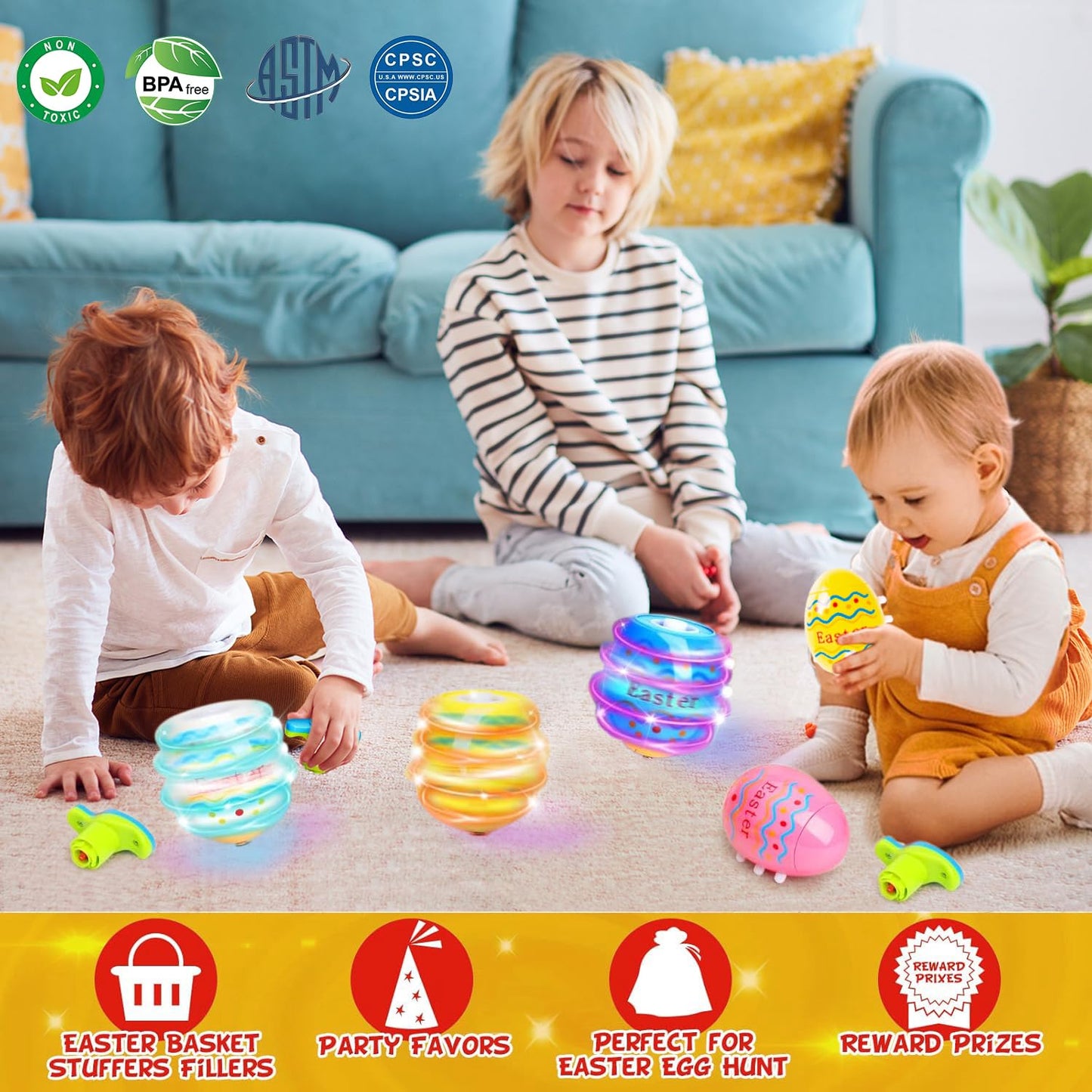 6 PCS Easter Eggs Toys Gifts for Kids, Light up & Singing Spinning Top with Flash, Easter Basket Stuffers, Plastic Easter Egg Hunt Party Favor Toy, Kids Goodie Bag Fillers, Gifts for 3+ Boys Girls