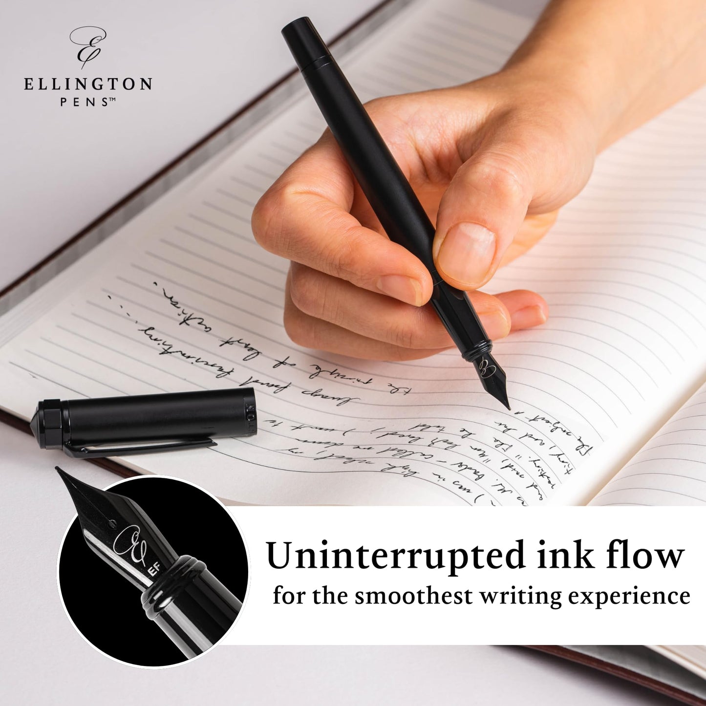 Ellington Pens Luxury Fountain Pen Set- Fountain Pens for Writing - Smooth Medium Nib - Includes Refillable Ink Converter, 3 Ink Cartridges [Black & Blue], Gift Box - Elegant Calligraphy