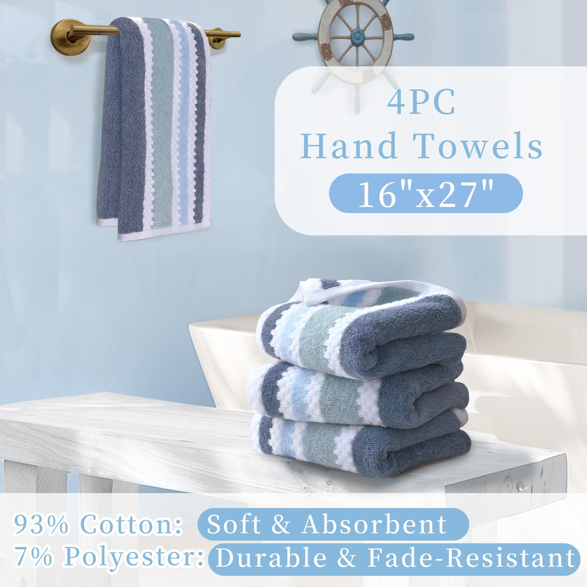 Waffle Hand Towels, 4PC 16"x27" - Cotton Polyester Blend | Quick Dry | Absorbent | Lightweight | Thick | Soft | 540GSM, Striped Hand Towel, Durable Towel for Bathroom, Blue Gray Stripe & White Checker