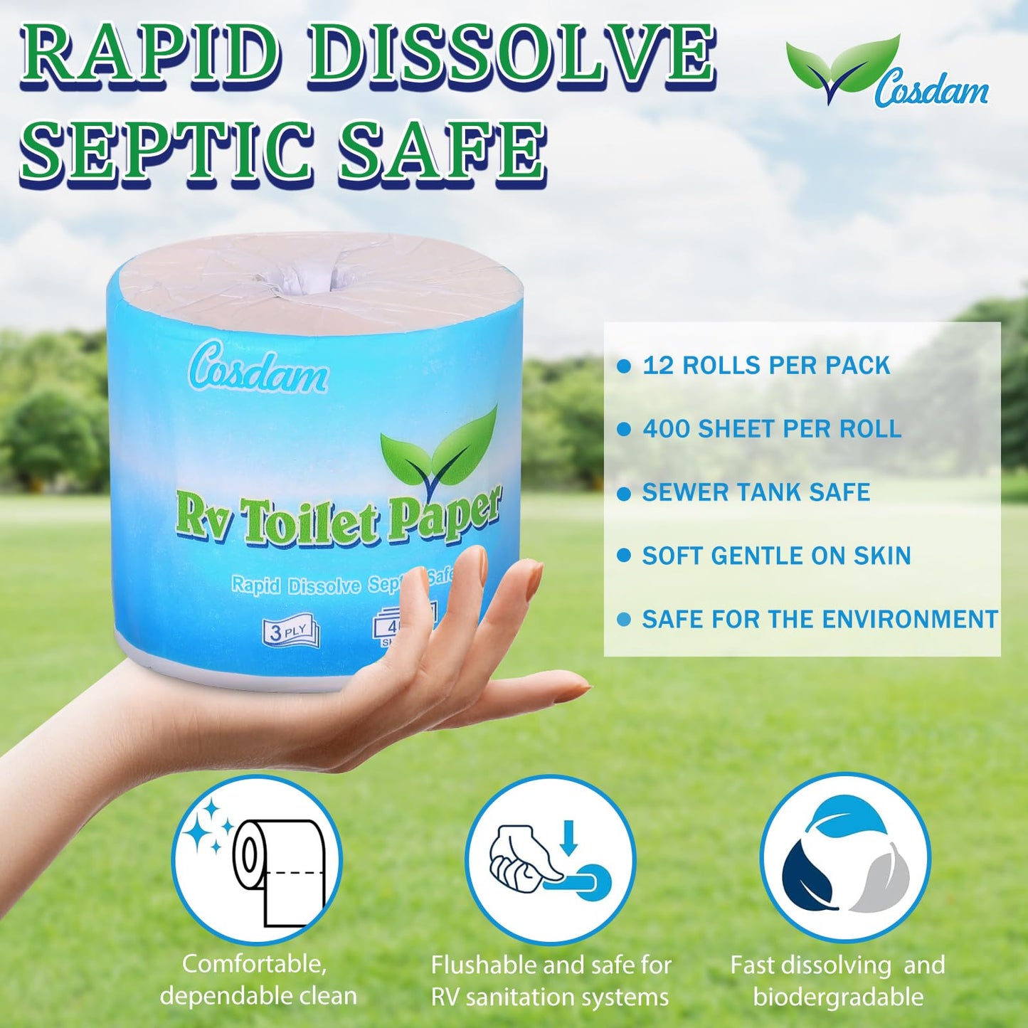 RV Toilet Paper, 12 Rolls,3-Ply 400 Sheets,Fast Dissolve Bath Tissue for Camping, Marine, RV Holding Tanks