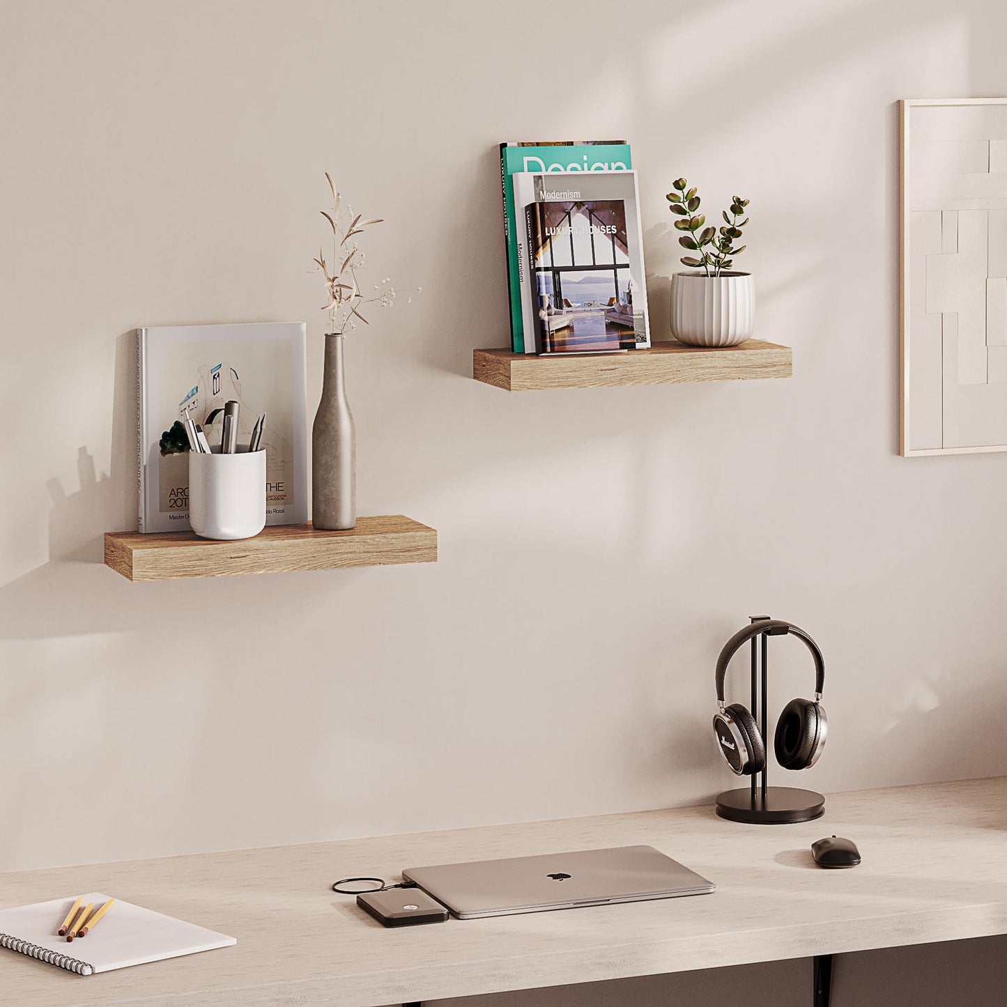Ballucci Floating Shelves, 16" Wood Wall Shelf Set of 2, Invisible Brackets Floating Shelf Bathroom Wall Decor, Living Room, Bedroom, Kitchen, Nursery, 6" Deep, Natural Oak