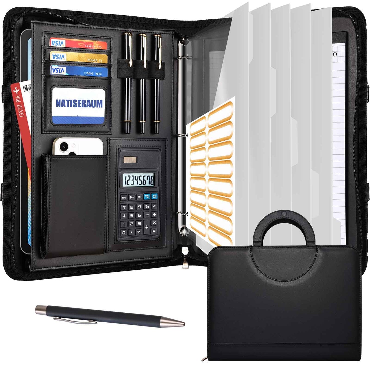 NATISERAUM Portfolio Organizer - 3 Ring Binder with Zipper, Vegan Leather Business Padfolio Folder with Notepad Includes 5 Clear Sheet Protectors for Documents Files for Men Women