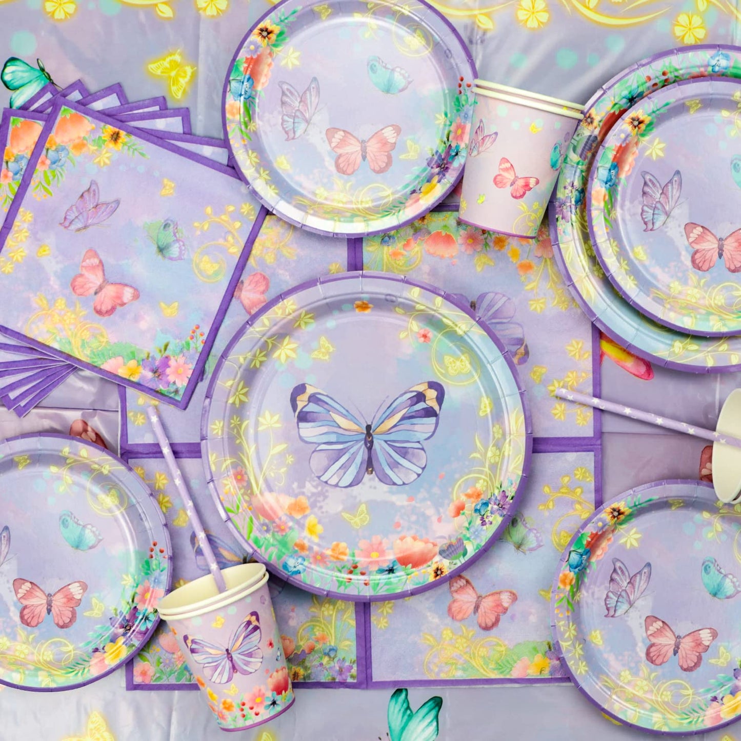 213 Pcs Purple Butterfly Decorations - Include Plates, Cups, Tablecloth, Balloon, Birthday Banner, Butterfly Stickers, Fairy Wing Set for Princess Fairy Birthday Decorations Supplies