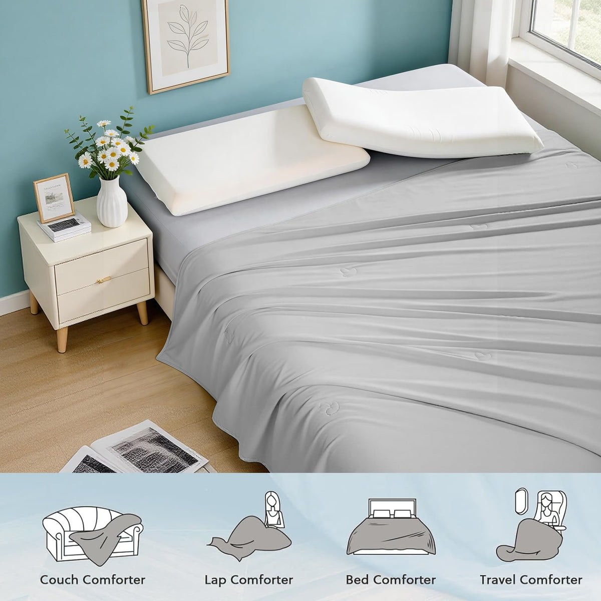 AiSleep Cooling Comforter Queen Size, Cooling Blankets for Hot Sleepers and Night Sweats, Double-Sided Cool Tech All Season Bedding, Q-Max 0.43 Breathable Silky Smooth Summer Comforter-Cool Gray