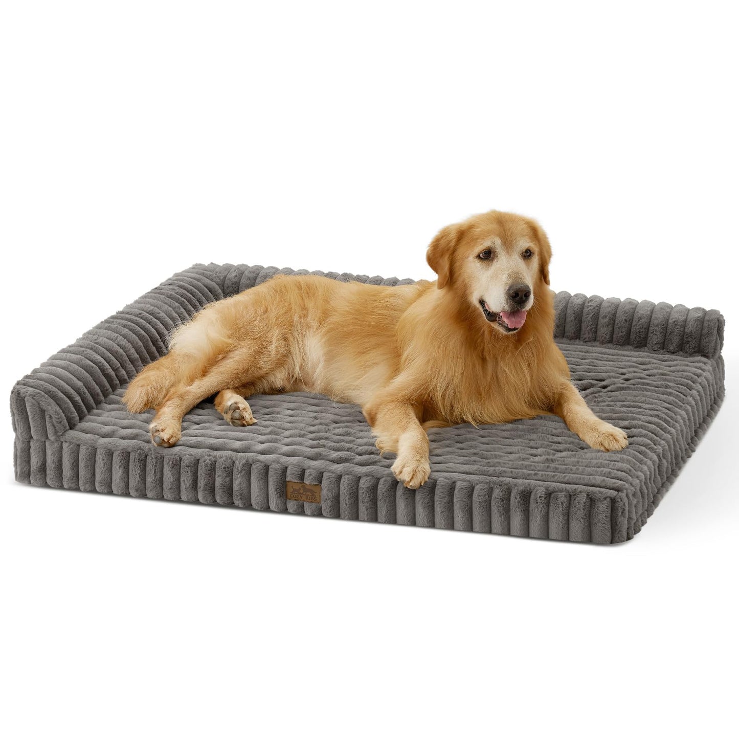 COZY KISS Cute Dog Bed, Faux Fur Orthopedic Foam Dog Bed with Sides, Removable Washable Cover & Waterproof Lining, Comfortable Pet Couch for Extra Large Dogs, Grey (48" L x 35" W x 7.5" Th)