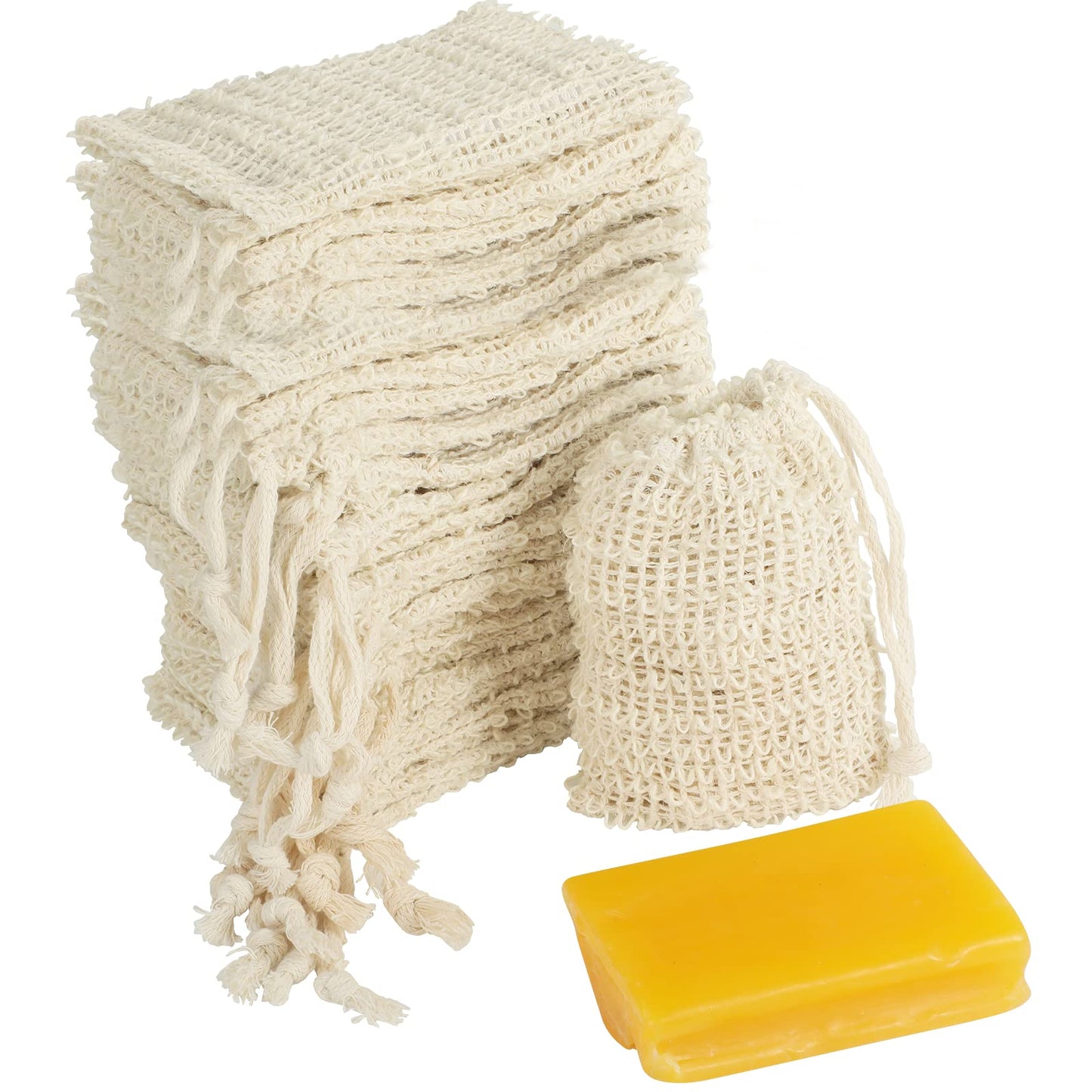 COSYOO 100 Pcs Sisal Soap Saver Bag with Drawstring, Plastic-Free Soap Saver Bags Reusable& Natural Bubble Exfoliating Pouch for Bath & Shower, Zero Waste Mesh Bag for Foaming & Drying Soaps