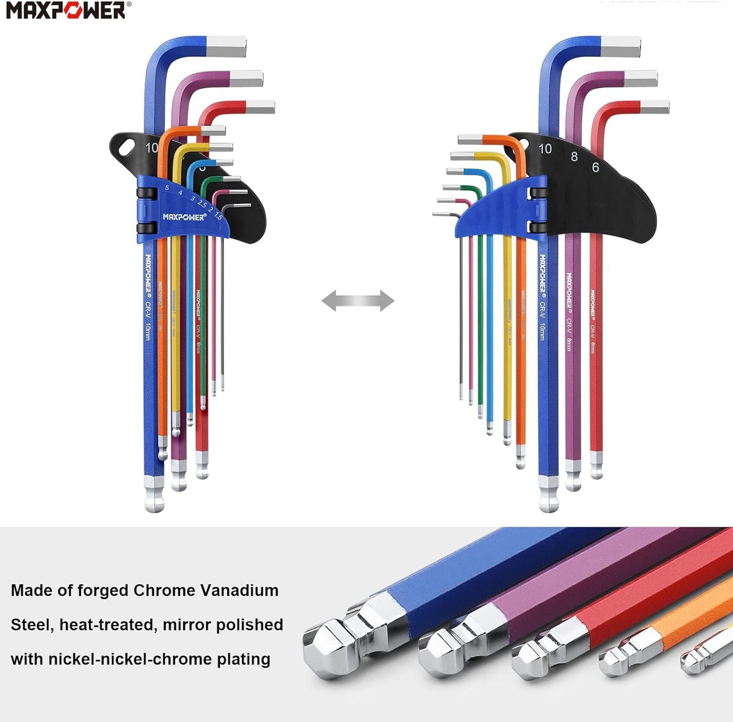 MAXPOWER 18-Piece Allen Key Set, Metric and Imperial Hex Key Coloured with Extra Long Arm Ball End T-Handle
