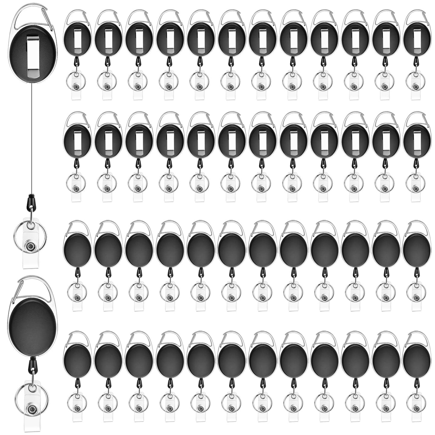 Supkiir 50 Packs Retractable Badge Reels, Heave Duty Retractable Key Chain with Carabiner Belt Clip and Key Ring, Black ID Card Holder for Staff Business School Office Supplies (24.6 Inch Pull Cord)