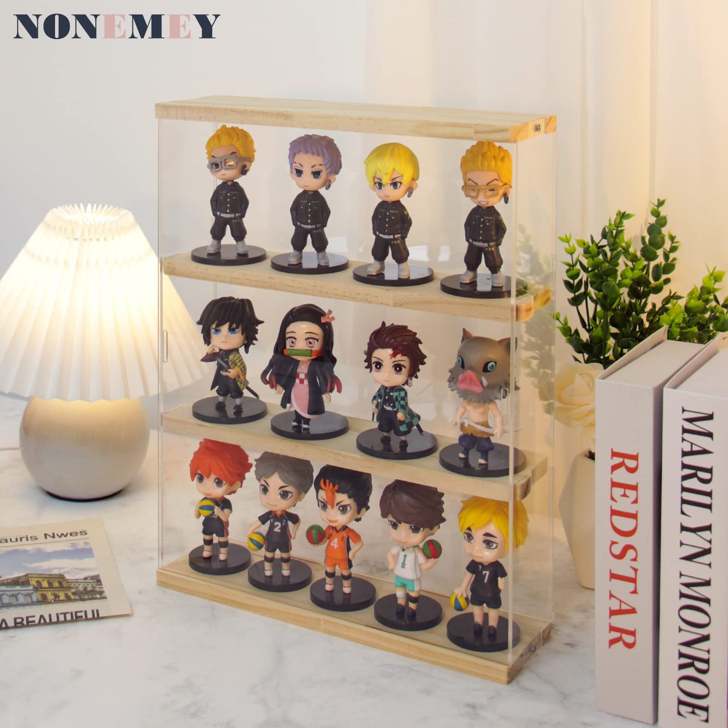 NONEMEY Clear Acrylic Display Case Stand with Wood Base 2 Tier、3 Tier、12/24 Compartments Storage Box Wall Mount Showcase Dustproof Organizer Box for Collectibles