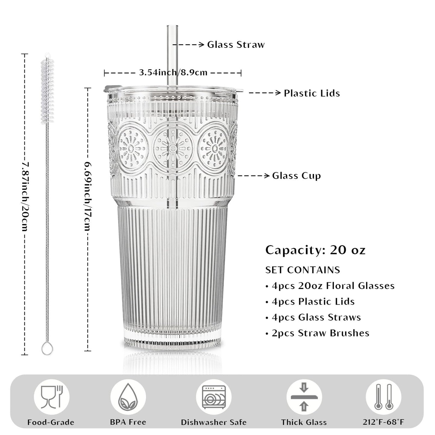 INSETLAN 20oz Ribbed & Floral Glass Tumblers with Lids and Glass Straws, Set of 4 – Iced Coffee Cups, Reusable Drinking Glasses for Water, Smoothies, Tea, and Juice – Perfect for Travel & Daily Use