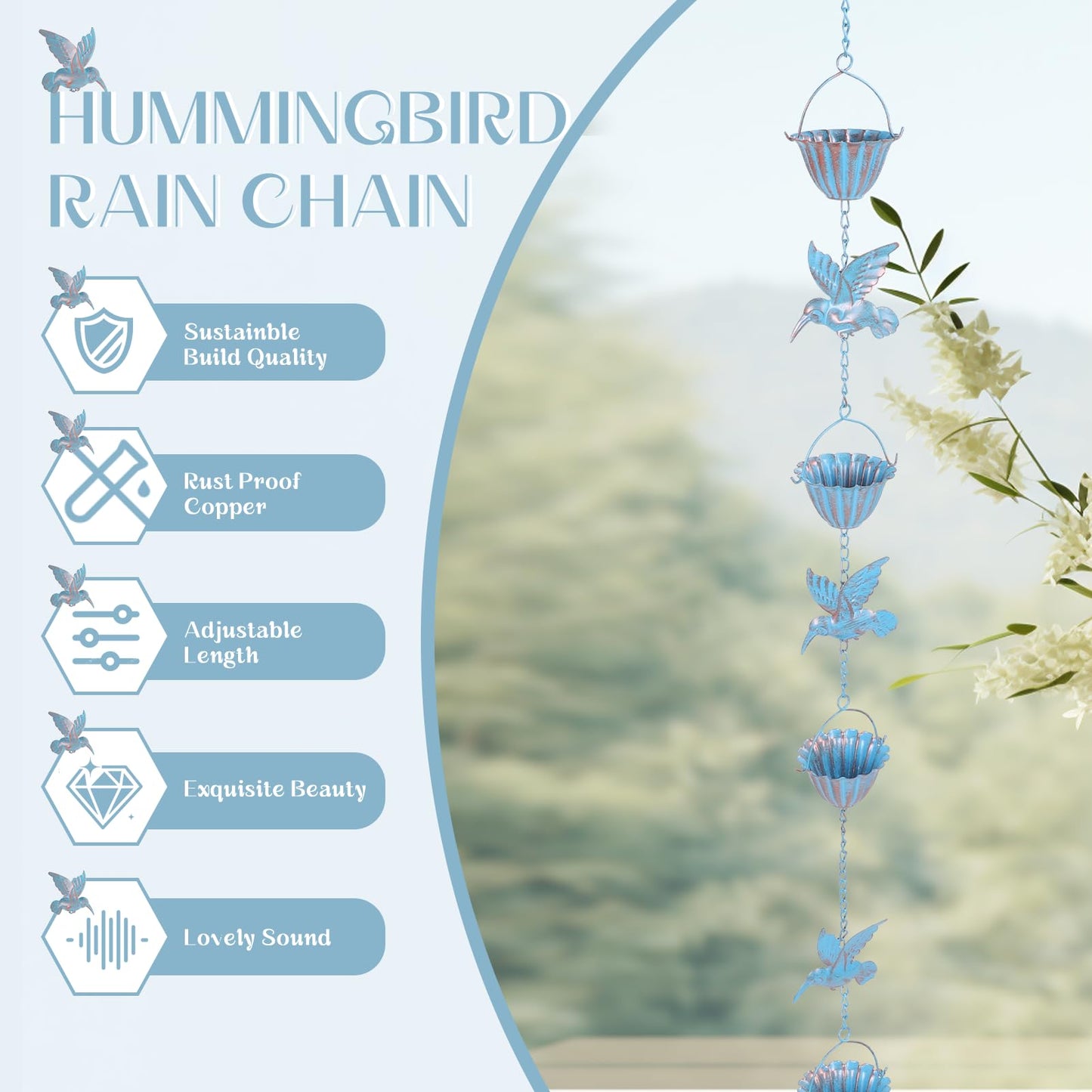 Metal Rain Chain, 7.9 Foot Rain Catcher Chain with 7 Water Cups and 7 Removable Hummingbird Decorative Rain Chains, Easy to Install Gutter Rain Collector Chain for Eaves Drainage