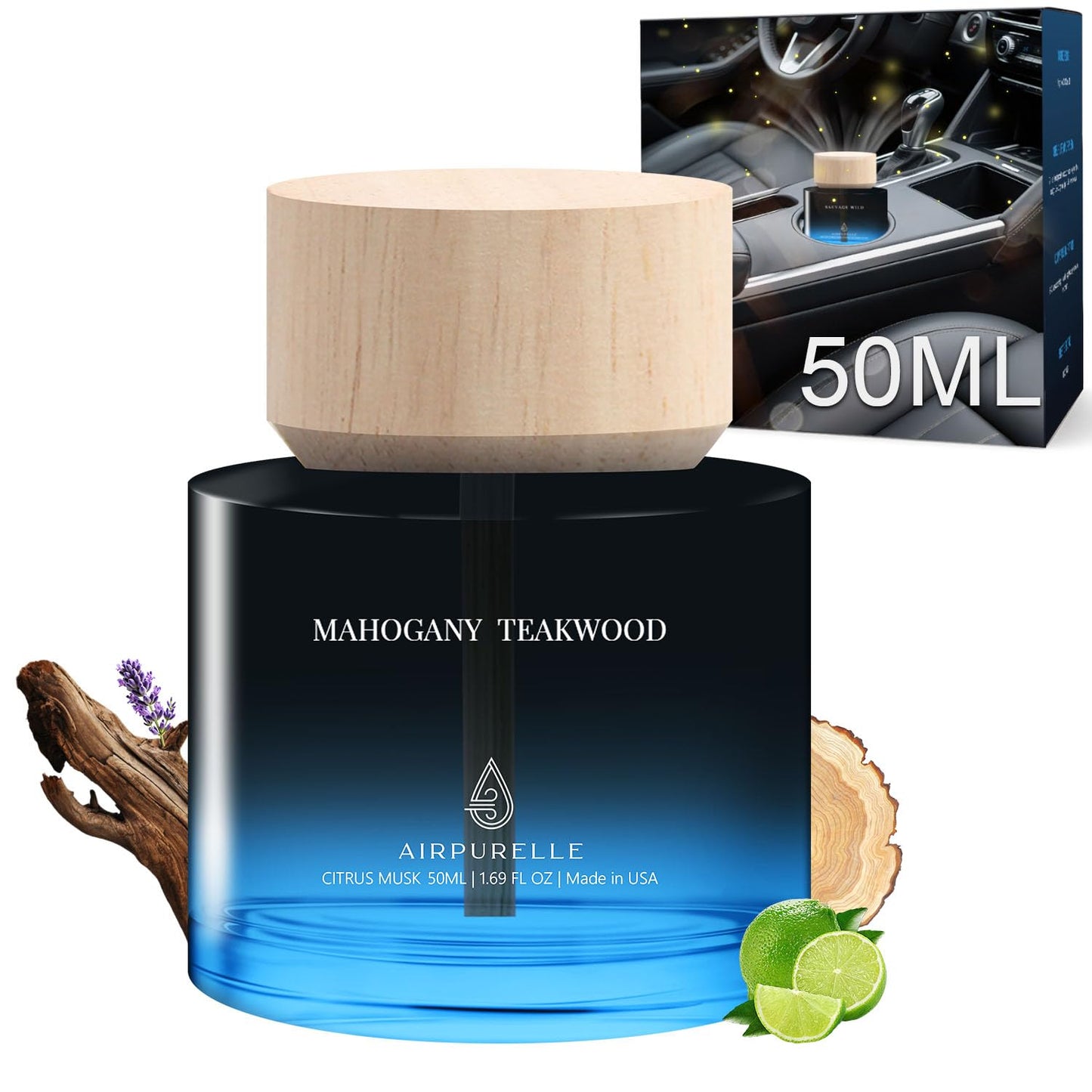 Car Air Fresheners 50ML (1.7 FL OZ) – Mahogany Teakwood Car air Freshner Long Lasting Essential Oil Diffuser, Perfume Inspired Air Freshener for Car, Safe Wooden Cup Holder Design, Made in USA