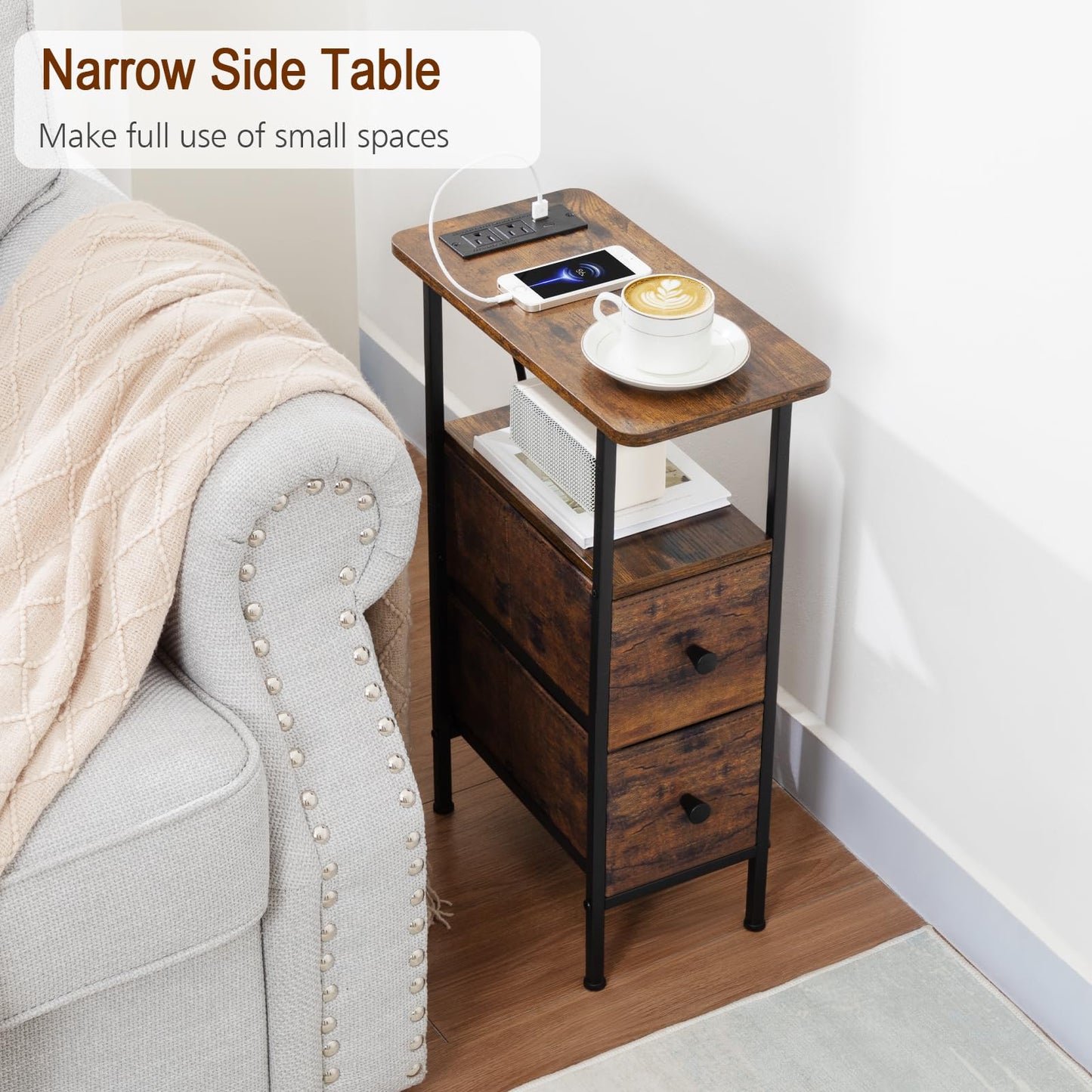 LOAKEKEL Narrow End Table with Charging Station, Skinny Side Table with 2 Fabric Drawers, Slim Nightstand for Living Room, Bedroom, Couch, Small Spaces, Rustic Brown, HETNDP02PBR-1