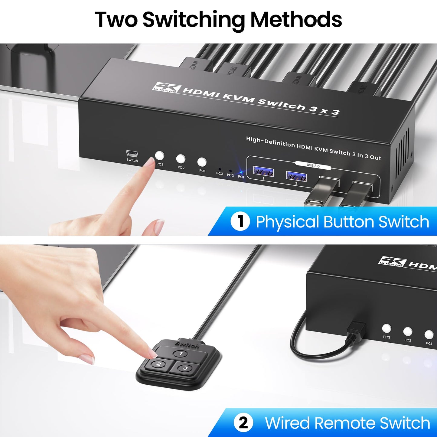 4K60Hz HDMI KVM Switch 3 Monitors 3 Computers, USB 3.0 Triple Monitor HDMI KVM Switch for 3 Computers Share 1 Set of Keyboard, Mouse, 3 Monitors and 4 Port USB 3.0 for Peripheral