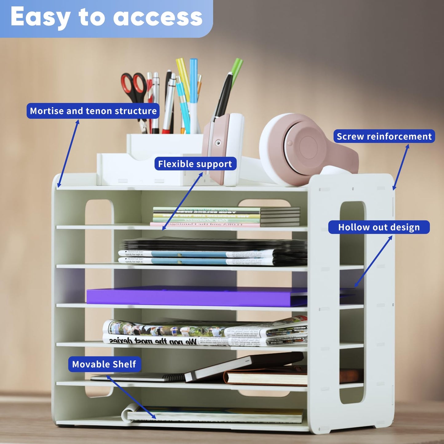 bimiti A3 Paper Organizer 11x17 Inches with 7 Compartments, PVC Desktop Storage Rack for Scrapbooking Supplies, Office Documents & School Art Materials - Space-Saving Vertical Design