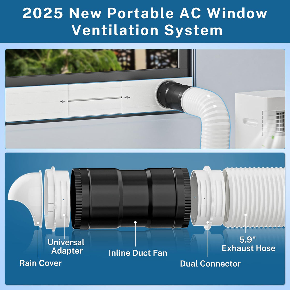 Insputer Portable ac Window Vent Kit with 6 Inline Inch Duct Fan, New Adjustable Air Conditioner Window Seal Kit for Sliding Window, Fit for AC with 5.9 & 5.1 Inch Diameter Exhaust Hose