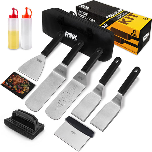 Blackstone Griddle Accessories Kit, RüK 11 PCS Flat Top Griddle Accessories Set with Anti-Scalding Long Handle Metal Spatula, Grill Scraper Cleaning Kit, E-Cookbook for Blackstone and Camp Chef