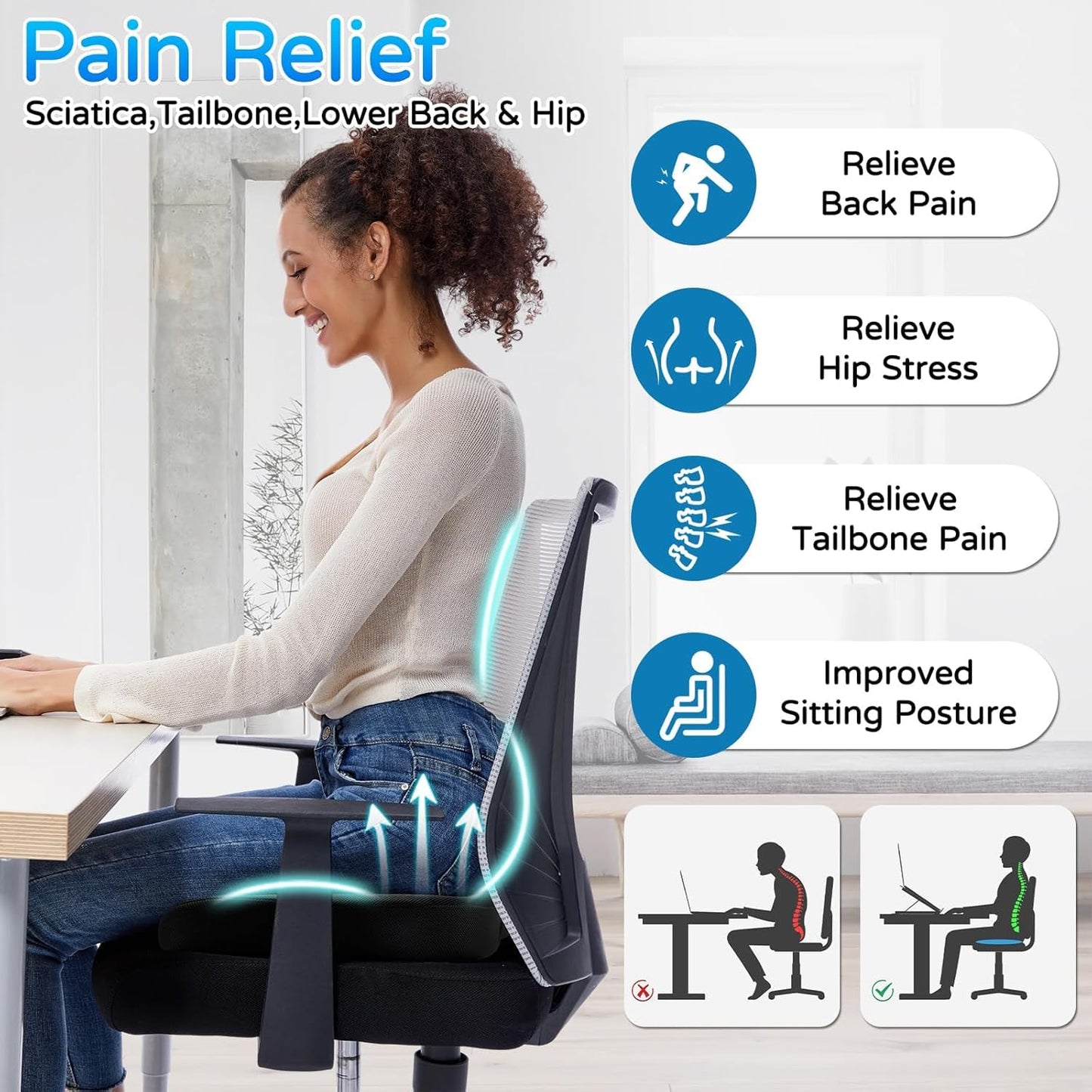 Seat Cushion for Long Sitting - Memory Foam Chair Pad Cushion for Tailbone, and Low Back Pain Relief - Non-Slip Seat Cushions for Office Chairs Wheelchair Car Seats,Gray