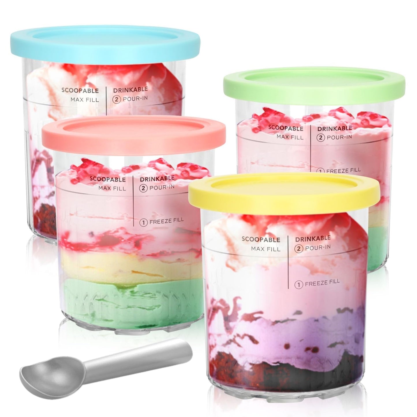 Containers Replacement for Ninja Creami Pints and Lids & Scoop - 4 Pack | Compatible with NC500/NC501AMZ Series | BPA-Free, Dishwasher-Safe, Leak-Proof Pints for Homemade Ice Cream