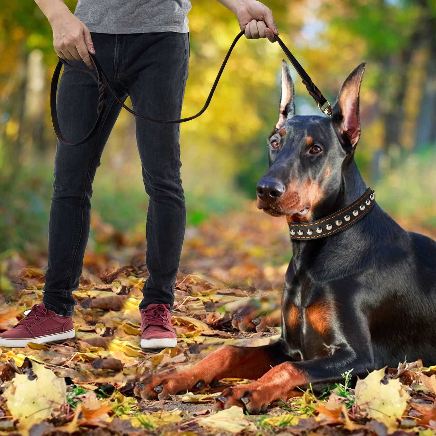 LWBMG Leather Dog Leash 8ft, Heavy Duty Dog Leash, Strong and Durable Leather Braided Dog Leash, Soft and Comfortable Leather Leash for Medium Large Dogs Training and Walking