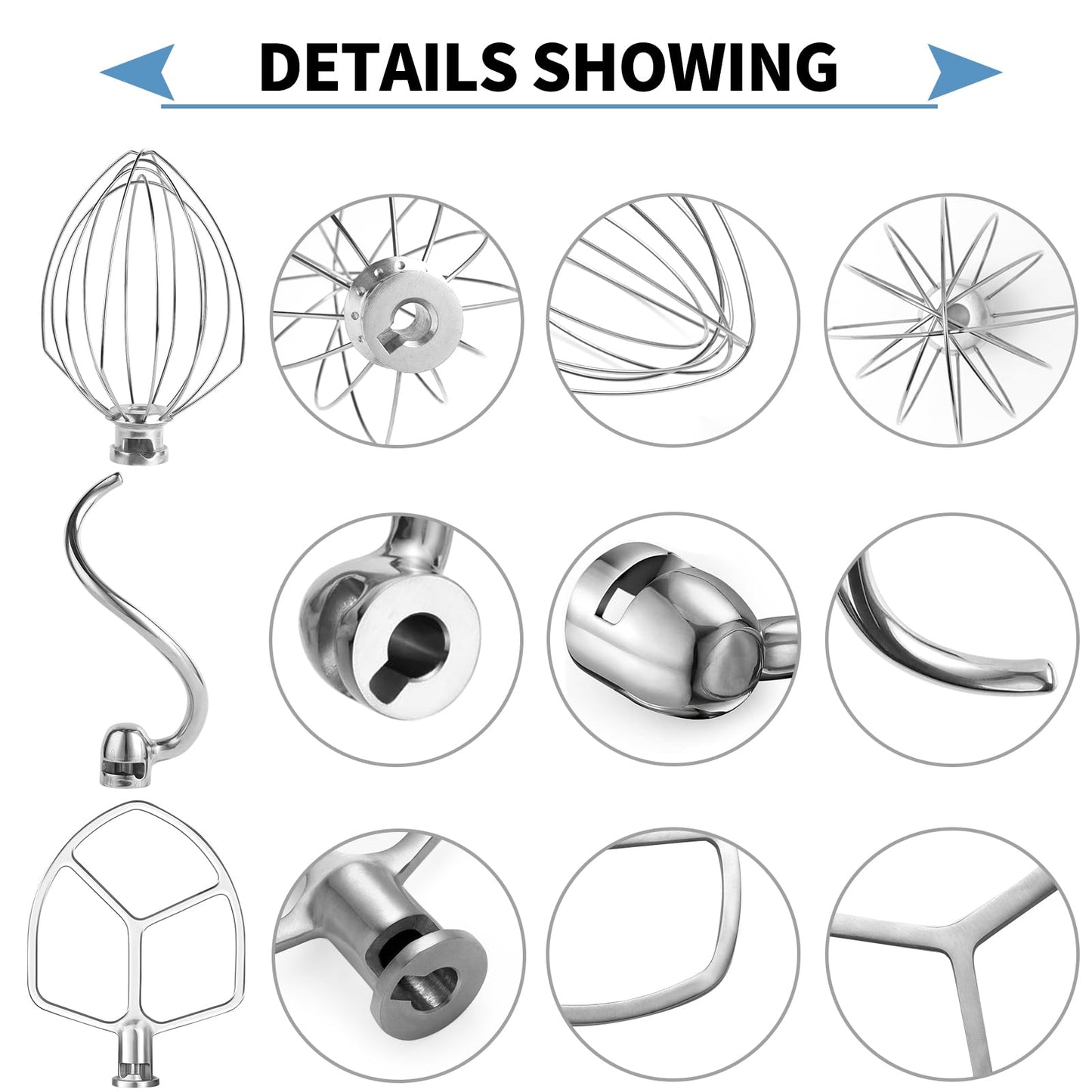 Stainless Steel 3 Piece kit Attachments，Dough Hook 6 Wire Whisk Flat Beater Compatible with KitchenAid 5-6QT Mixer，Bowl Lift Stand Mixer Accessory，Rust Resistant，Dishwasher Safe