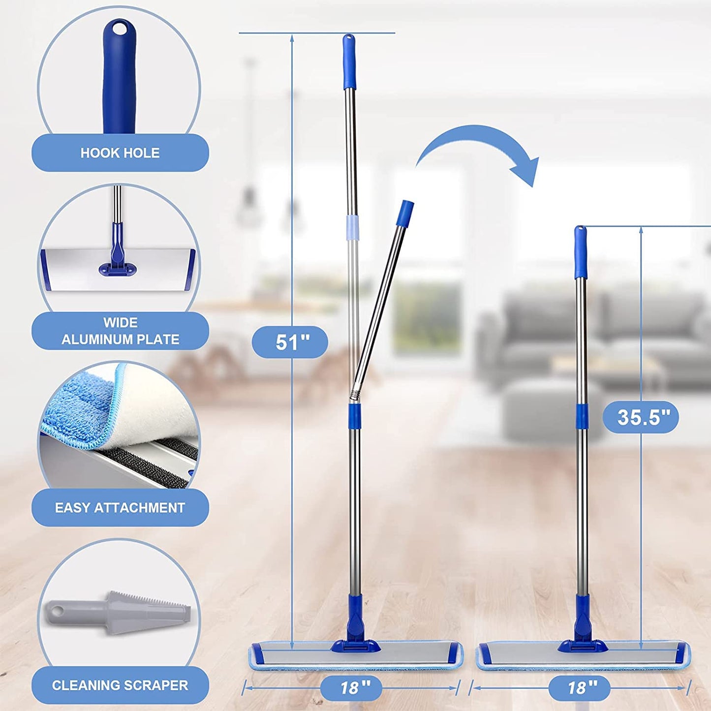 Professional 18" Microfiber Mop - Flat Mop with Stainless Steel Handle, 2 Reusable Washable Pads, Hardwood & Laminate (Blue)