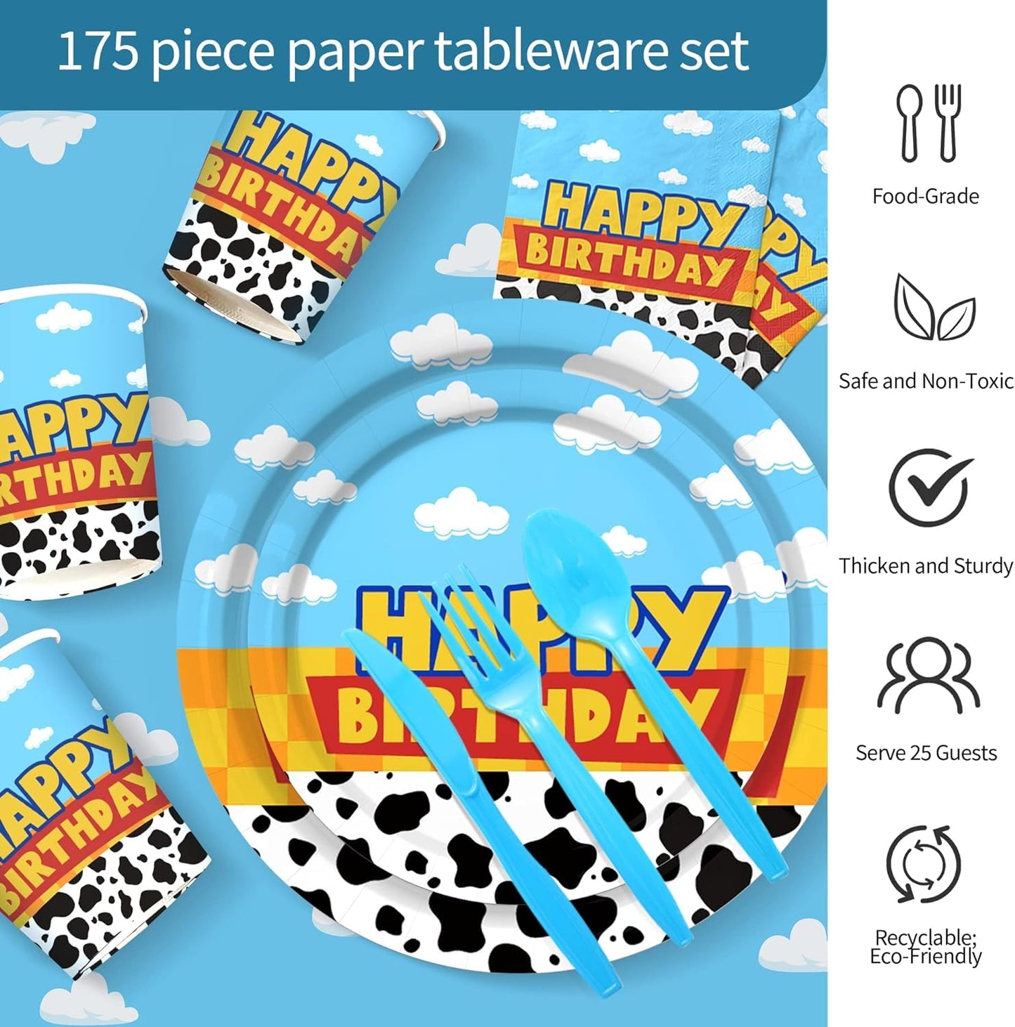Inspired Story Birthday Party Supplies Cartoon Story Birthday Party Decorations Cartoon Story Plates and Napkins Tableware Set Blue Cloud Cow Print Party Supplies