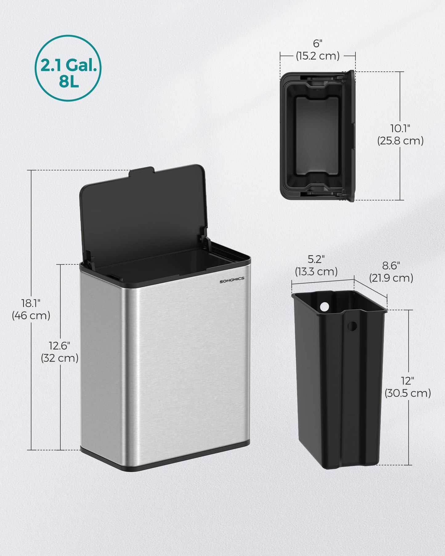 SONGMICS Hanging Trash Can, 2.1-Gallon (8 L) Kitchen Garbage Can with Lid, Cabinet Door Hanging or Wall-Mounted with Hooks, for Under Sink, Bathrooms, Metallic Silver ULTB810E08