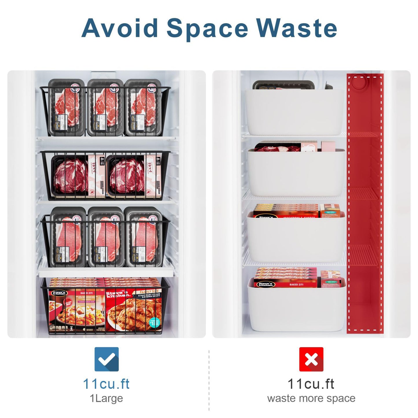 iSPECLE 6 Pack Upright Freezer Organizer Bins for 11 Cu.Ft, Heavy Duty Wire Storage Baskets with Handles, Rust-Resistant Metal Crates for Meat & Veggies, Stand Up Freezer Organization, Black