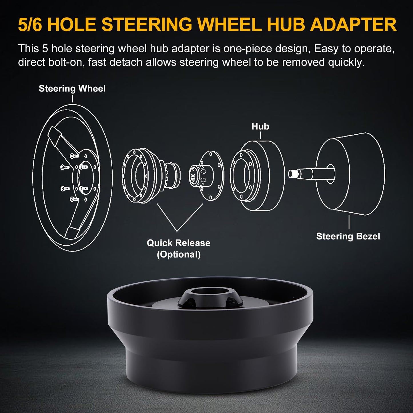 KIMISS 5/6 Hole Aluminum Steering Wheel Short Hub Adapter Kit - Quick Release Hub Adapter Direct Fit for GM Trucks 1982-1994, Racing Style, Easy Installation Easy Install Steering Wheel Kit (Black)