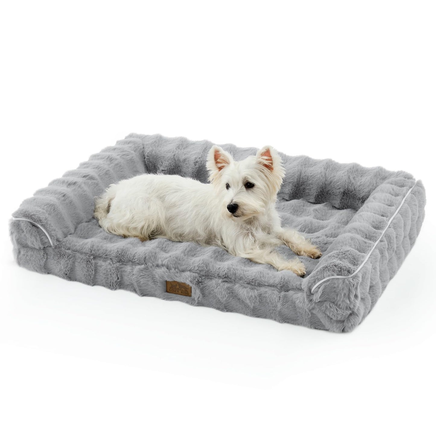 COZY KISS Faux Fur Orthopedic Dog Bed, Dog Bed for Medium Size, Pet Sofa with Removable Leak-Proof Cover, Washable U-Shaped Pet Couch with Anti-Slip Bottom, Grey L 36x27x6.5 inch