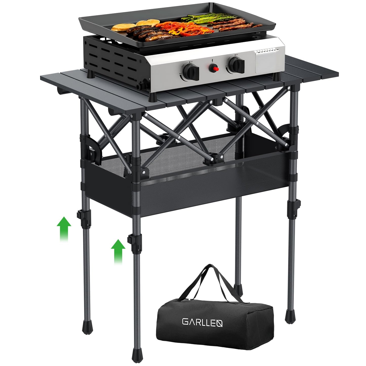 GARLLEN Folding Camping Table Max Height 70cm, Portable Roll-up Picnic Table with 2 Adjustable Height, Aluminum Outdoor Table with Storage Net & Carrying Bag for Camping, Picnic, BBQ, L25.2 x W15.7