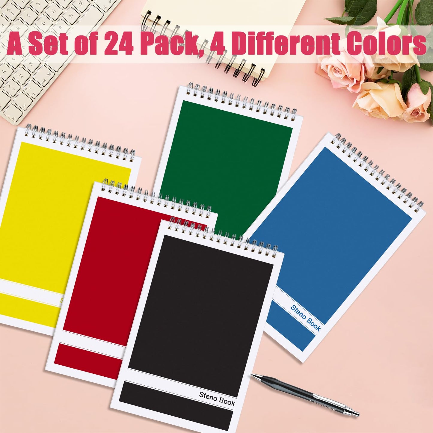 15 Pack Top Spiral Steno Pads, 6 x 9 inch Spiral Notebook Note Pads, White Paper Gregg Rule Bulk Steno Pads with 80 Sheets for School, University, College, Work, Office (5 Colors)