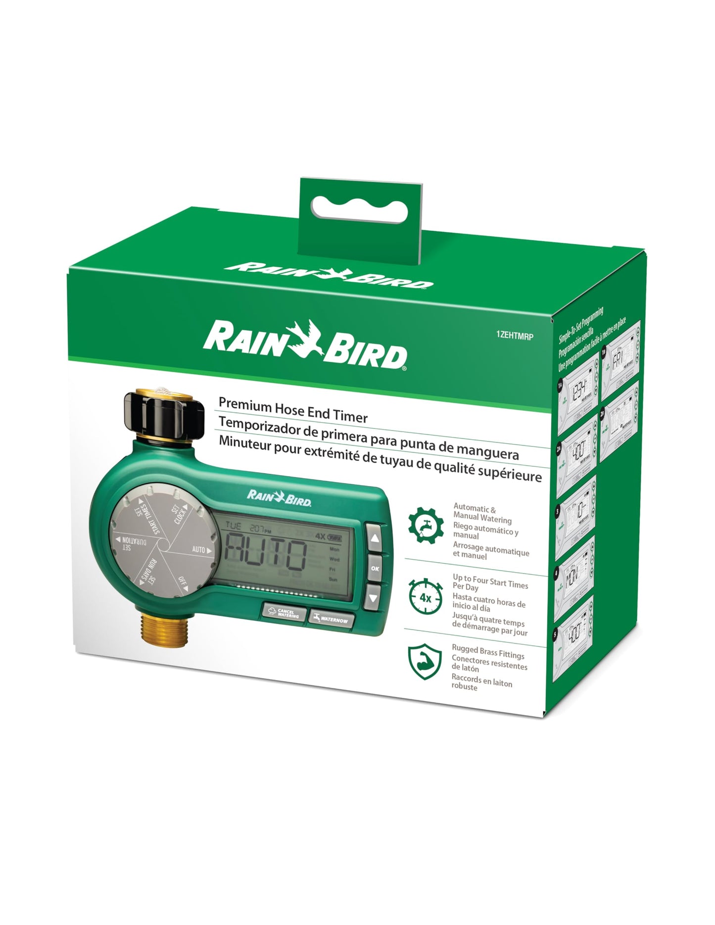 Rain Bird 1ZEHTMRP Premium Pro-Grade Electronic Digital Hose End Timer/Controller, One Zone/Station, Battery Operated, Brass Inlet/Outlet, Green