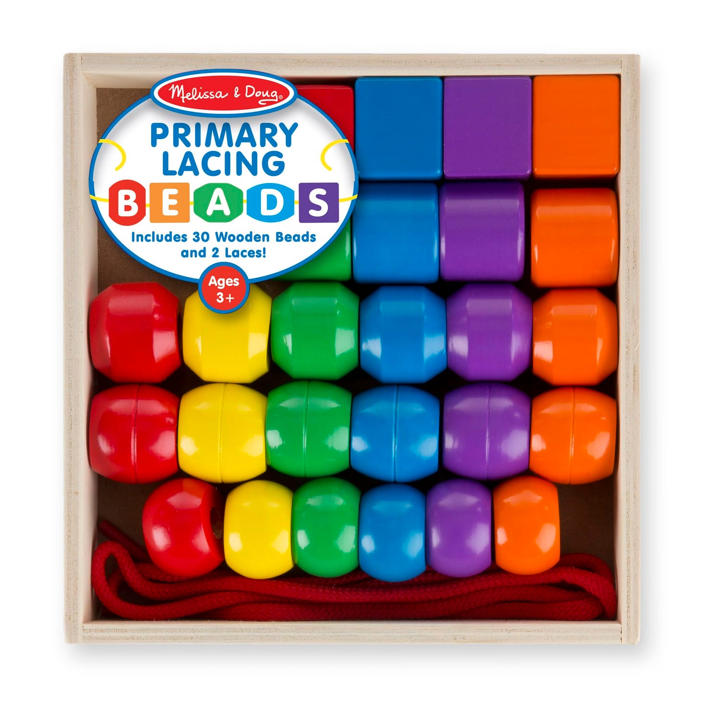 Melissa & Doug Primary Lacing Beads - Educational Toy with 30 Wooden Beads and 2 LacesFor Toddlers, Fine Motor Skills Lacing Toys for Toddlers and Kids Ages 3+