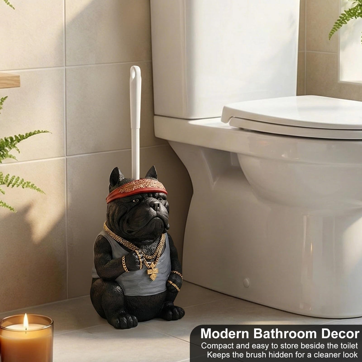 Home Luxe Bulldog Toilet Brush and Holder Set, Resin Decorative Dog Design, Weighted Non-Tip Base, Long Handle, Stiff PP Bristles (Hip-Hop Pup - Black)
