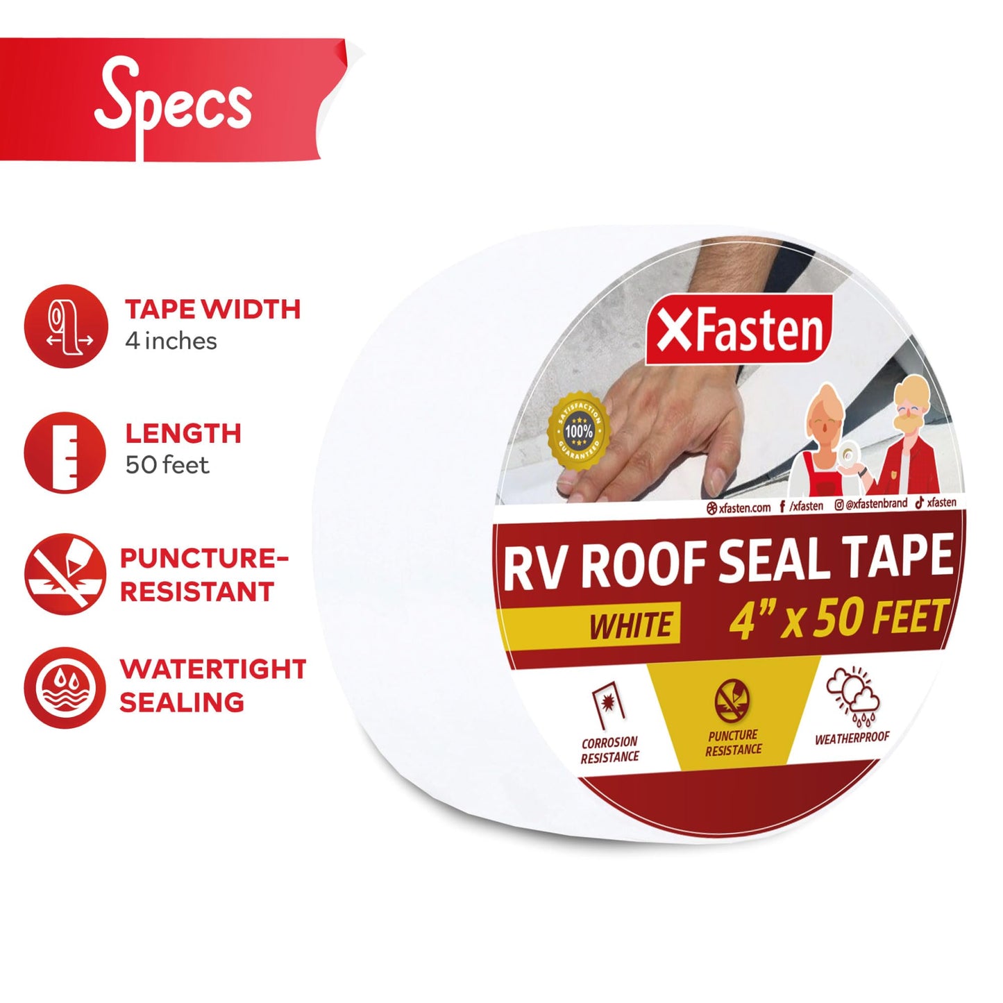 XFasten RV Repair Tape, White, 4-Inches by 50-Foot, Weatherproof RV Rubber Roof Patch Tape for RV Repair, Window, Vent, Boat Sealing, and Camper Roof Leaks