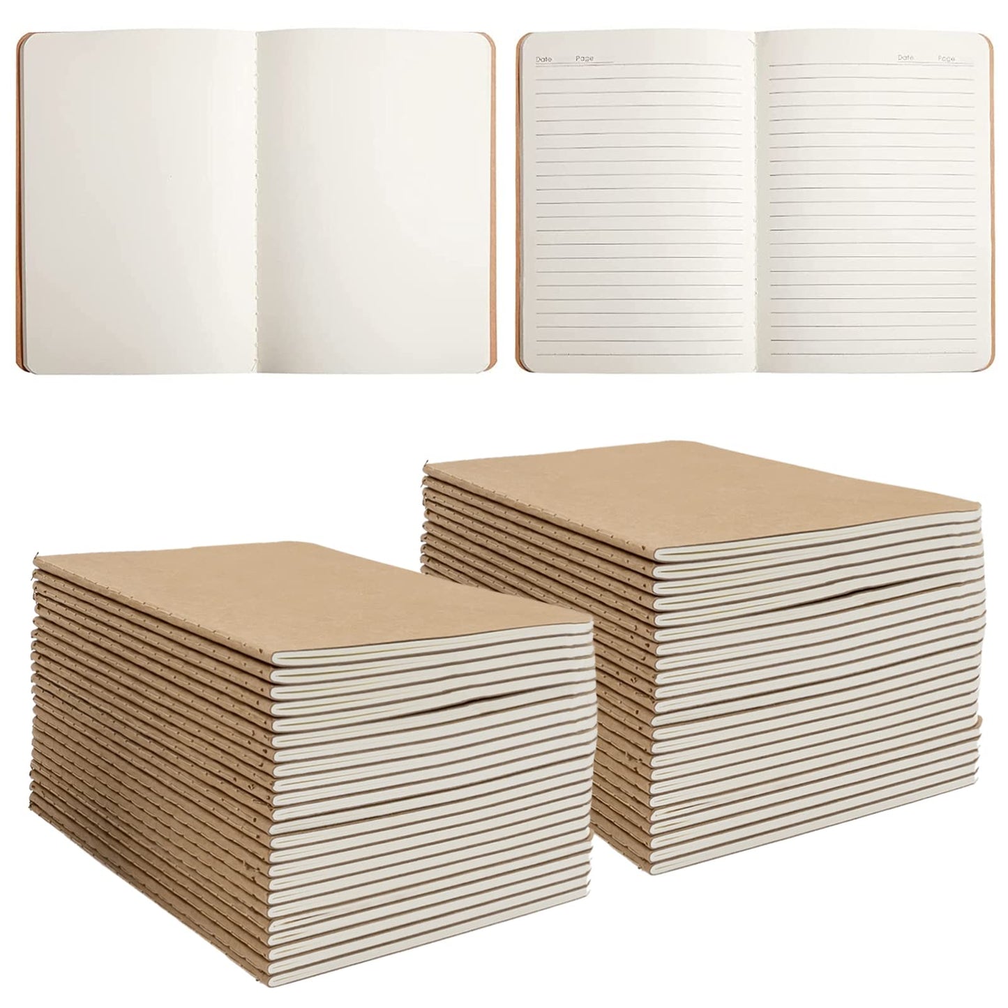 48 Pack A5 Kraft Notebooks Bulk, 8.3x5.5" Lined and Blank Journals for Writing, 68 Pages (34 Sheets) Small Sketchbooks for Kids, Students & Office, Subject Memo Notepads for School & Travel