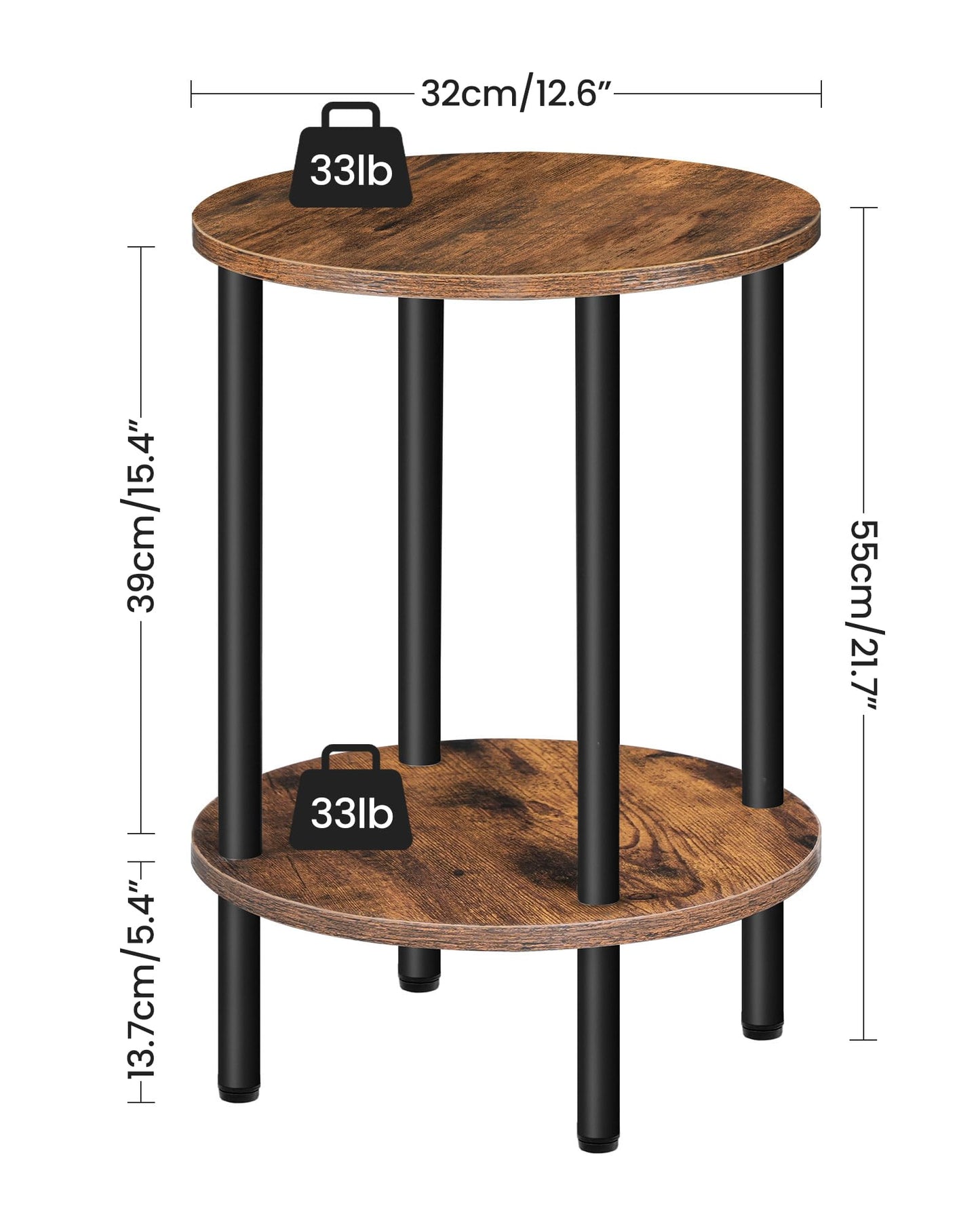 CHOEZON Round Side Table, 2-Tier End Table, Small Round Nightstand with Sturdy Metal Tube, Industrial Coffee Table, for Living Room, Bedroom, Rustic Brown and Black TBZ01BF