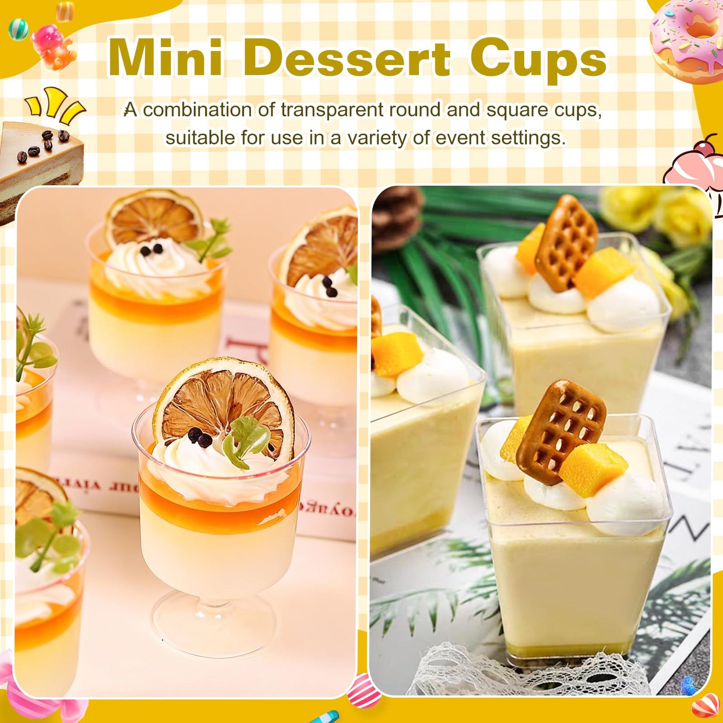 Mwellewm 300Pcs Dessert Cups 5 OZ Parfait Cups Small Plastic Desert Cups with Spoons Clear Mini Serving Shooter Cups Glasse Round Goblet with Gold Edge for Party Appetizer Fruit Ice Cream Cake Pudding
