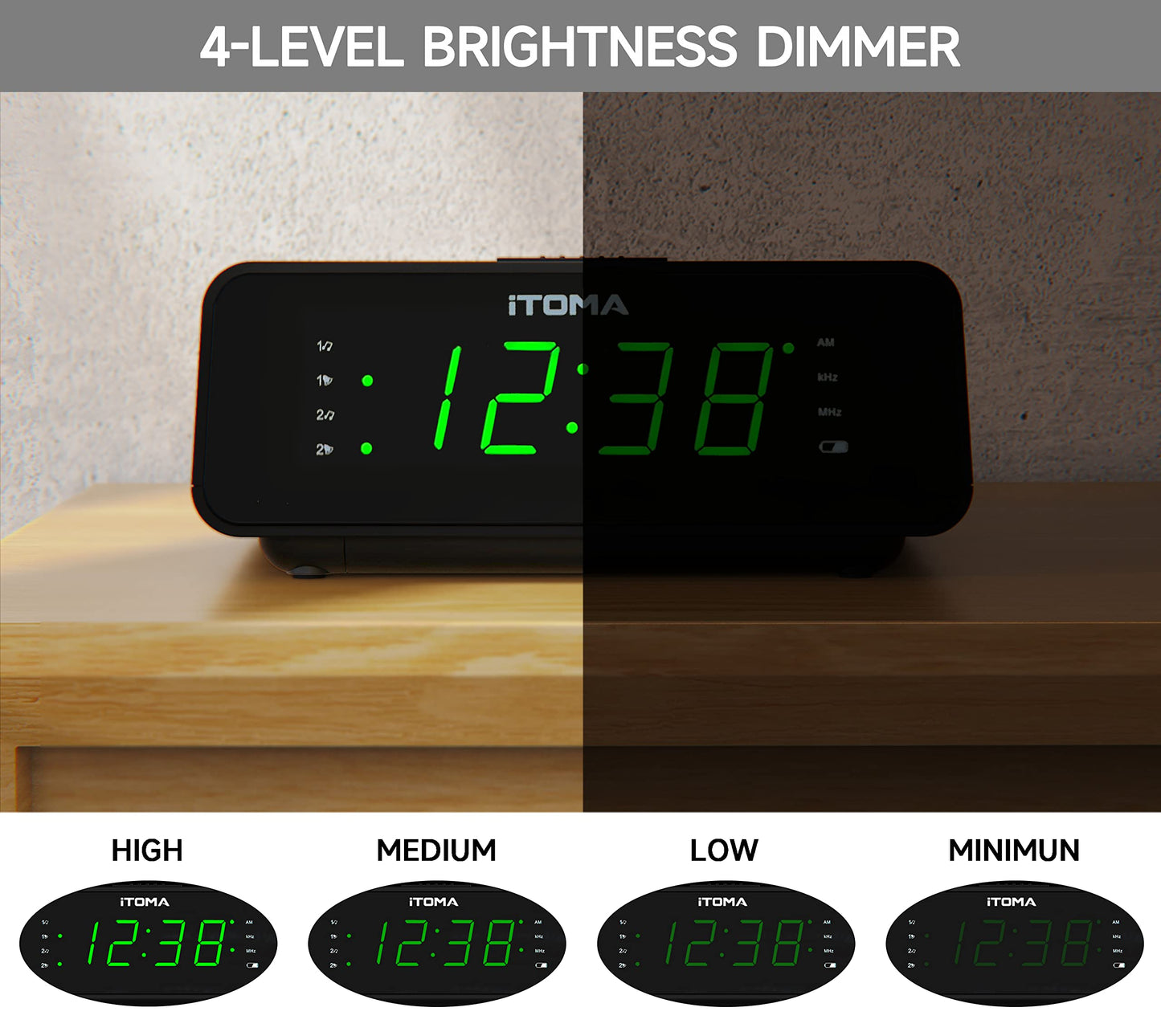 Alarm Clock with AM/FM Radio, 4-Level Dimmer, Snooze, Dual Alarms, Sleep Timer and Easy to Read 0.9" LED Jade Green Display iTOMA 2100